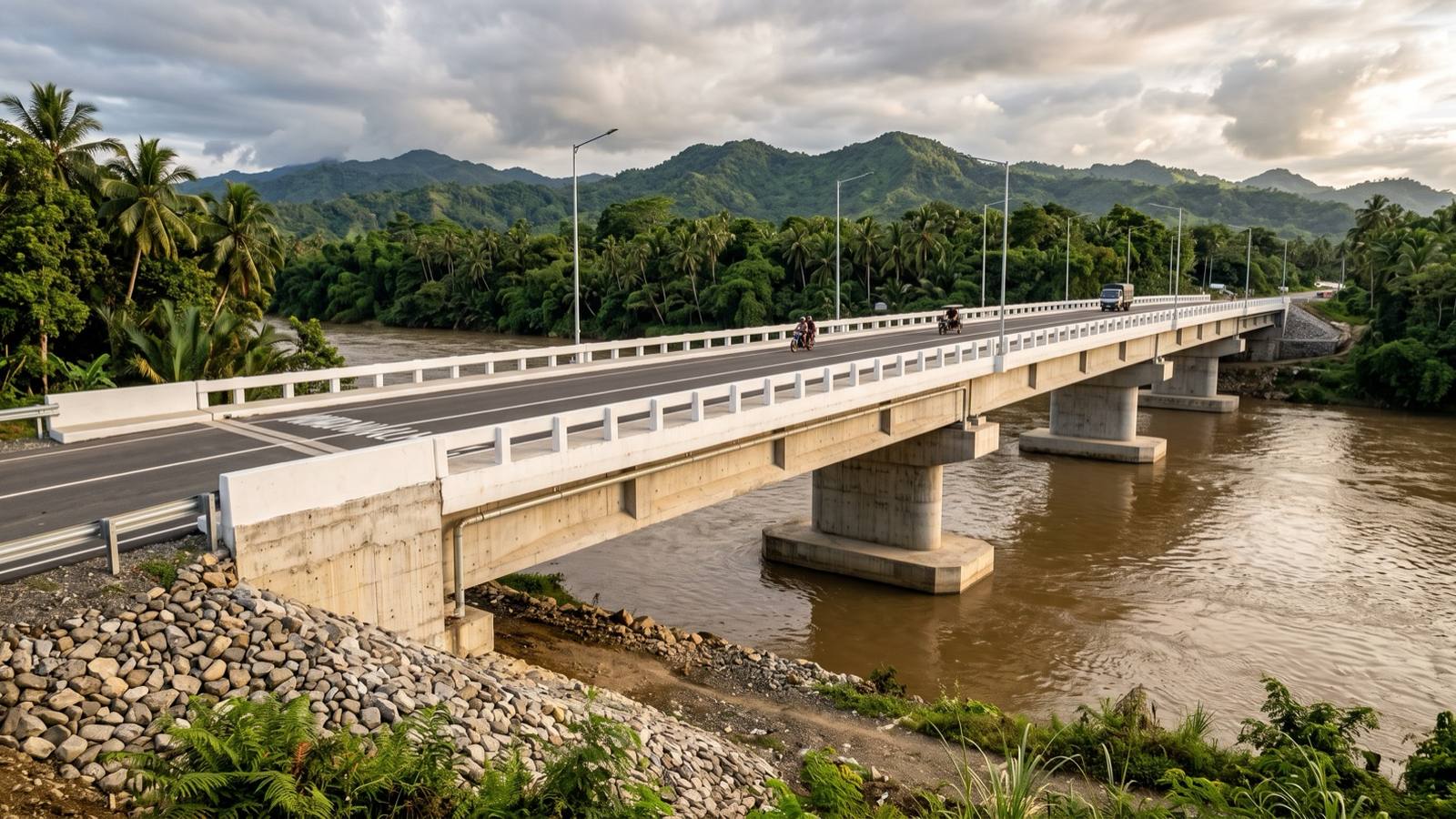 Concept image of a reinforced concrete bridge across a tropical river in Mindanao