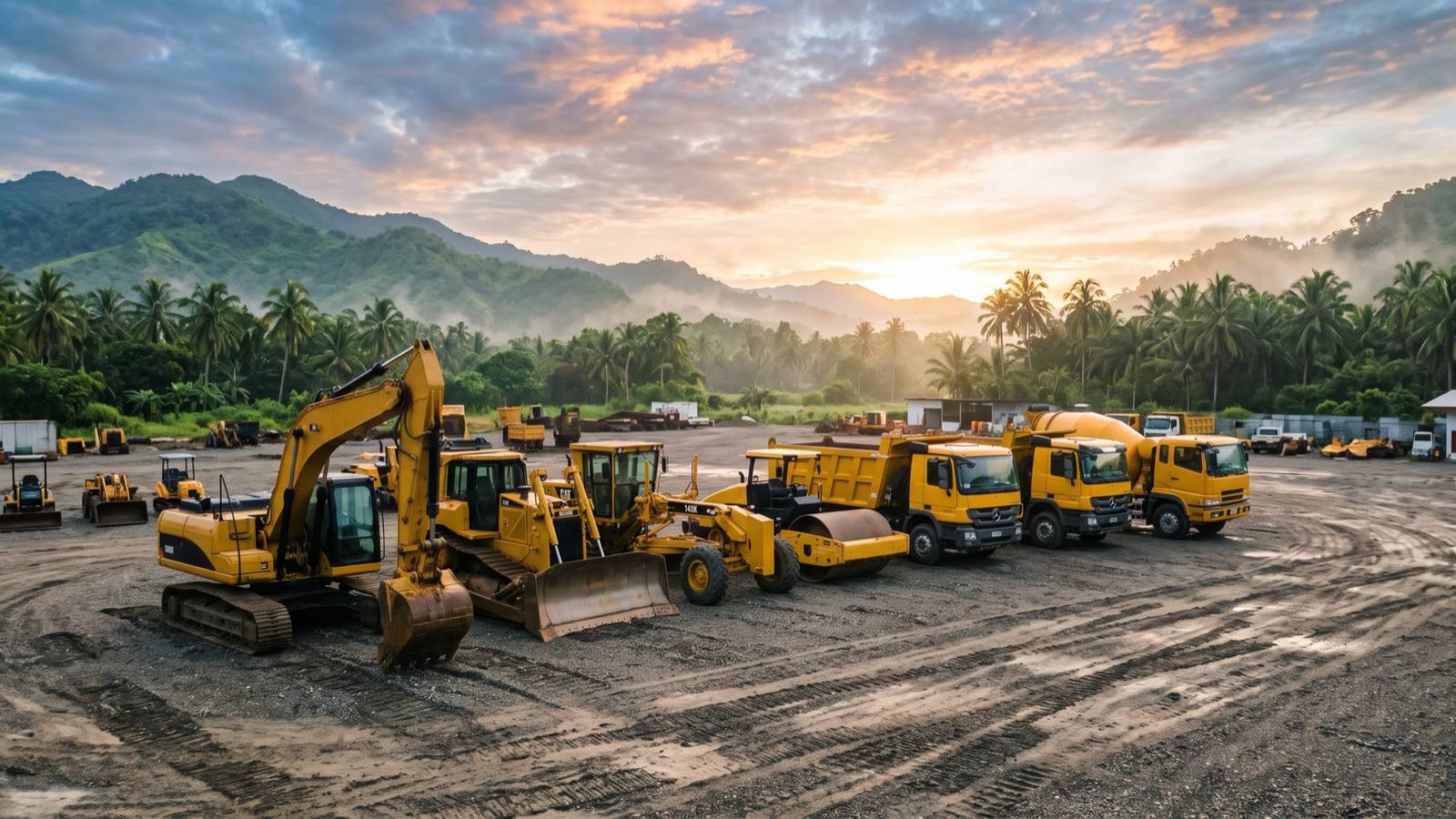 Concept image of a heavy construction equipment fleet at sunrise in a tropical Philippine setting