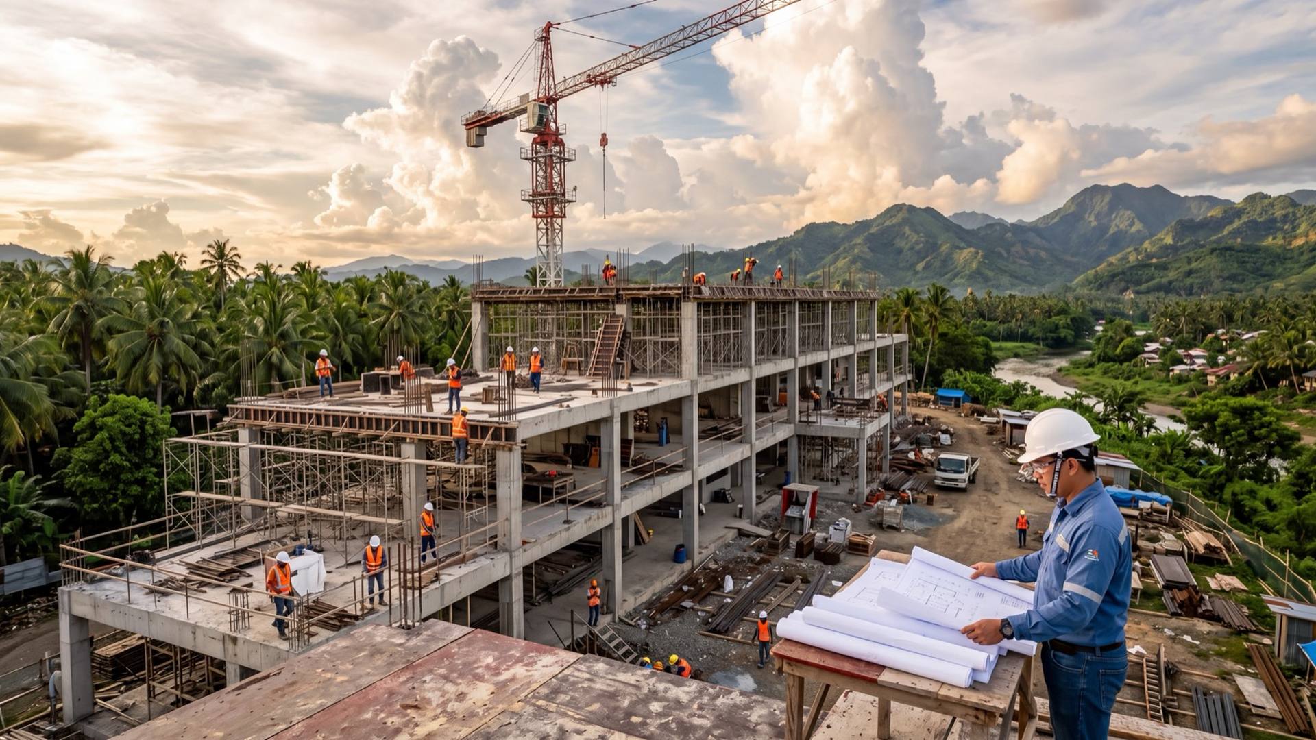 Construction workers and an engineer on a building site in the Philippines