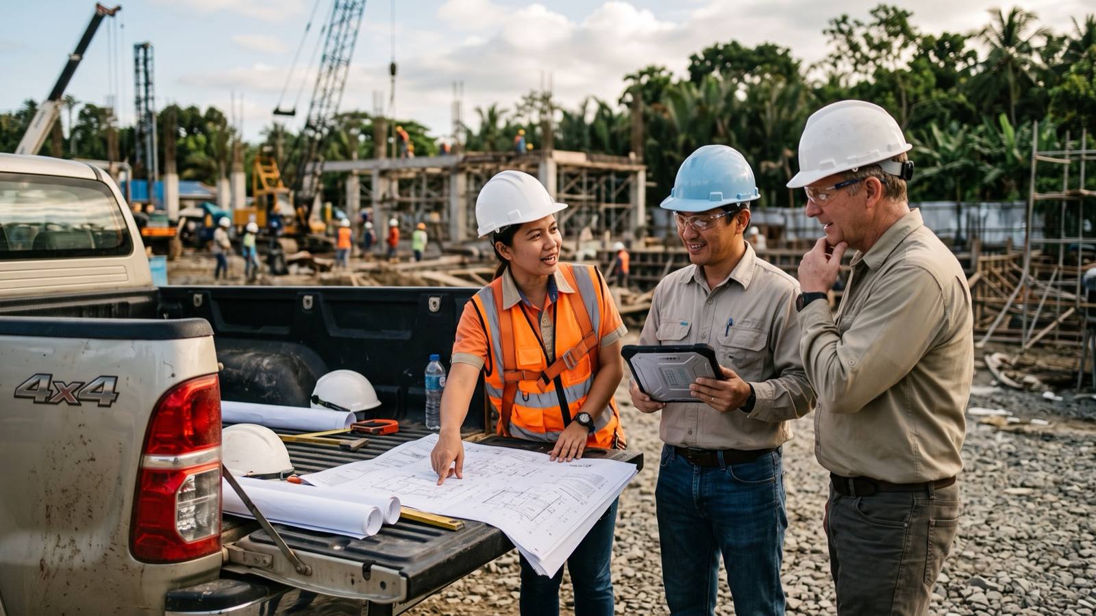 Concept image of engineering partners reviewing construction plans together